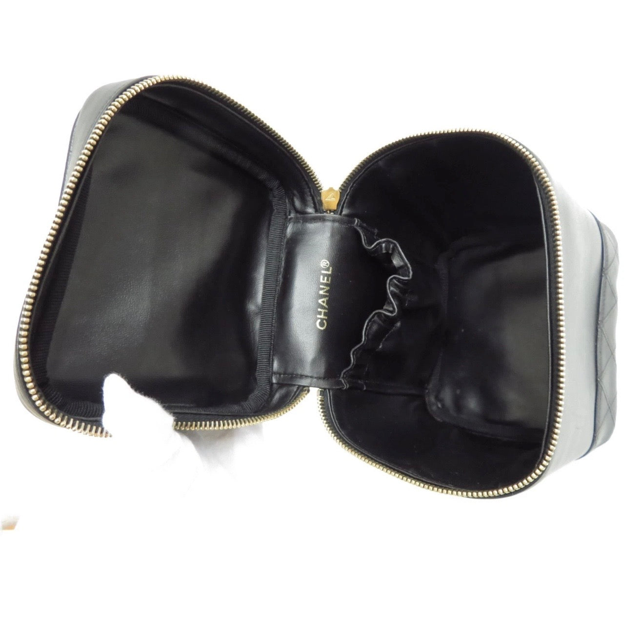 Authentic CHANEL Bicolore Leather Cosmetic Pouch Vanity Bag