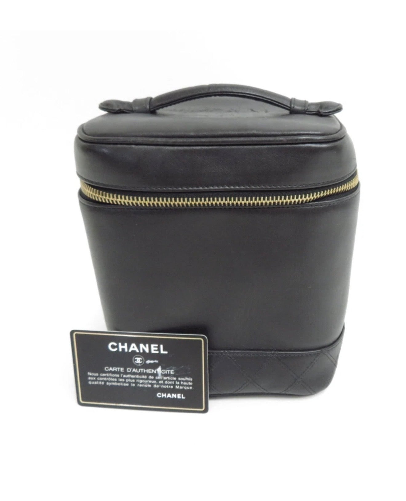 Authentic CHANEL Bicolore Leather Cosmetic Pouch Vanity Bag