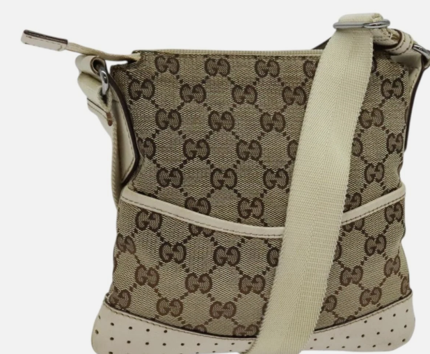 GUCCI GG Canvas Shoulder Bag Beige Silver