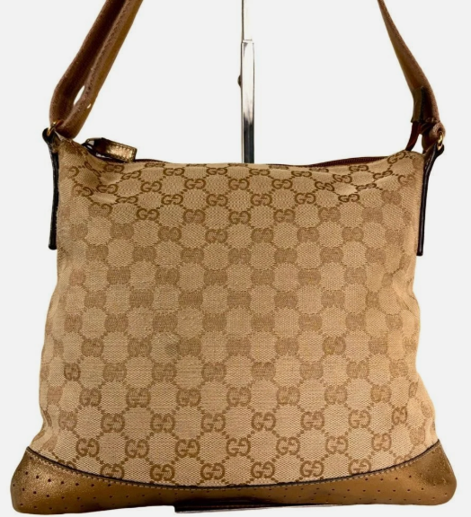 GUCCI GG Canvas Shoulder Bag Crossbody Leather Gold