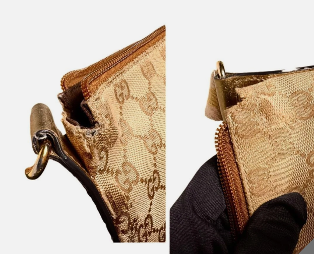 GUCCI GG Canvas Shoulder Bag Crossbody Leather Gold