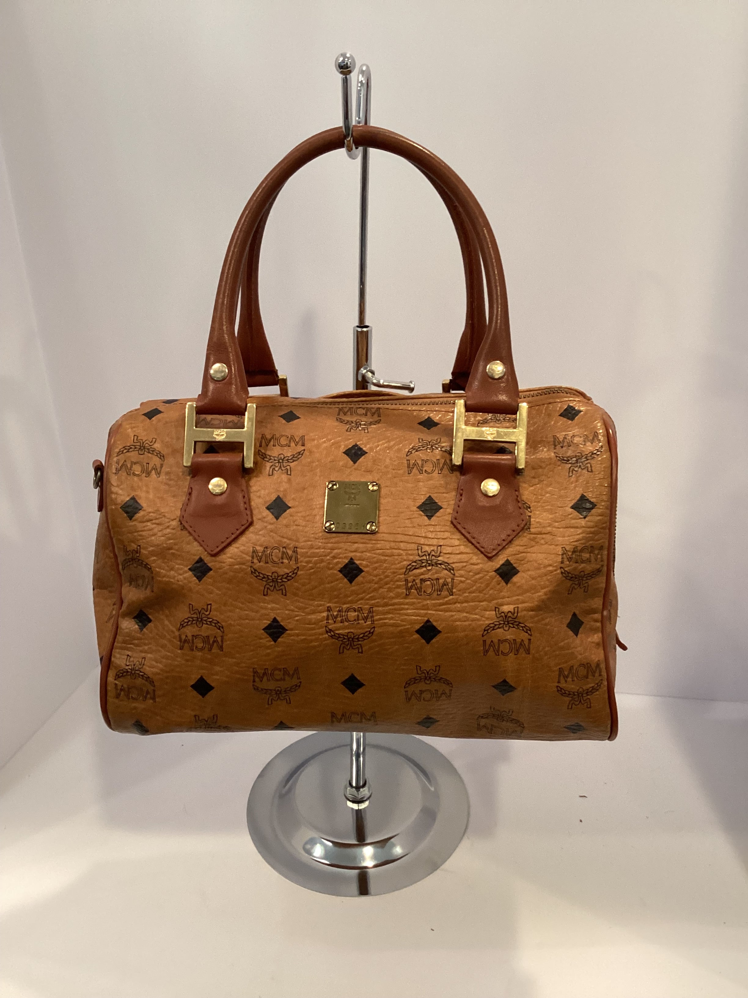 MCM Boston 25 Handbag (Brown Visetos)