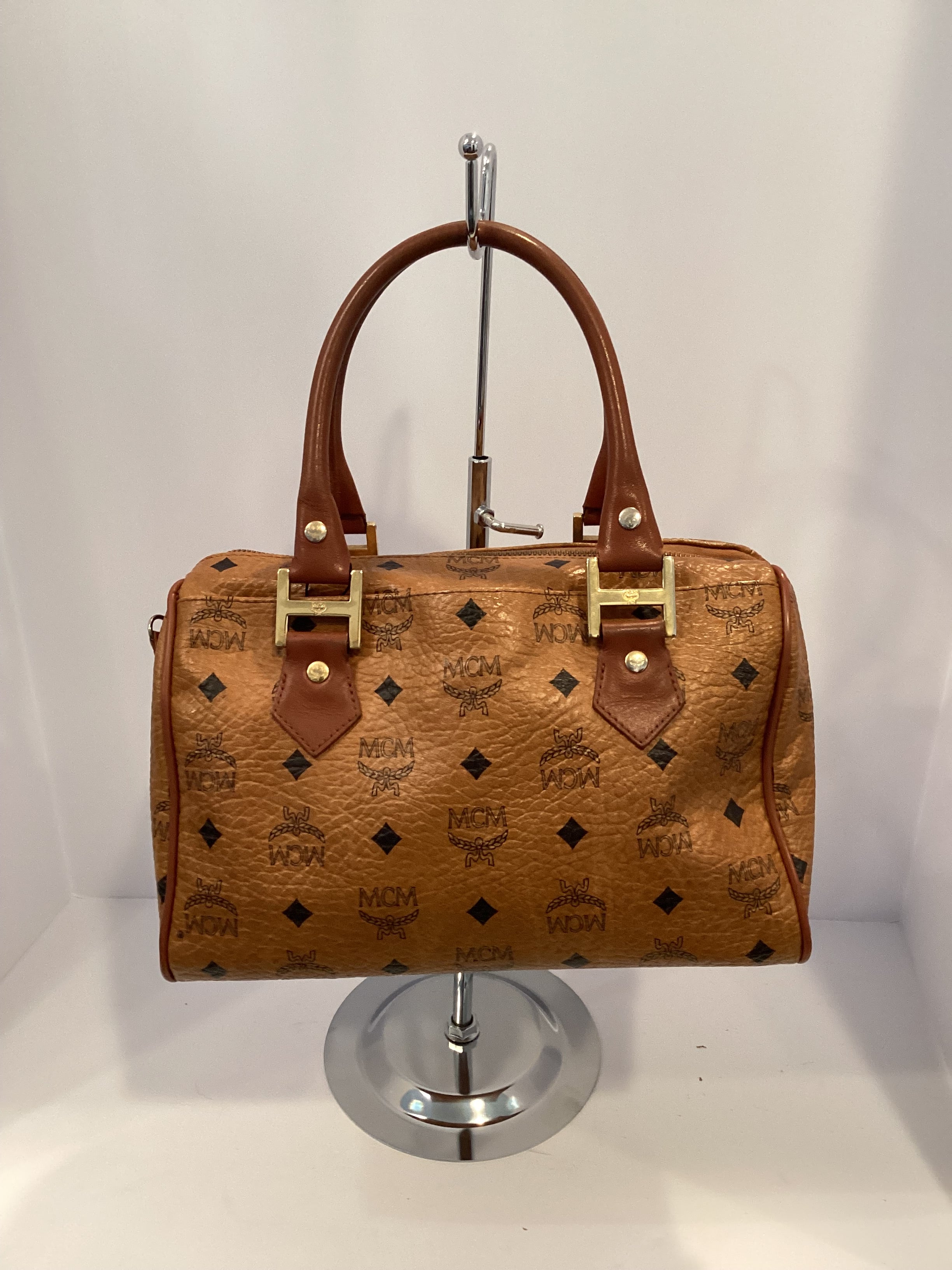 MCM Boston 25 Handbag (Brown Visetos)
