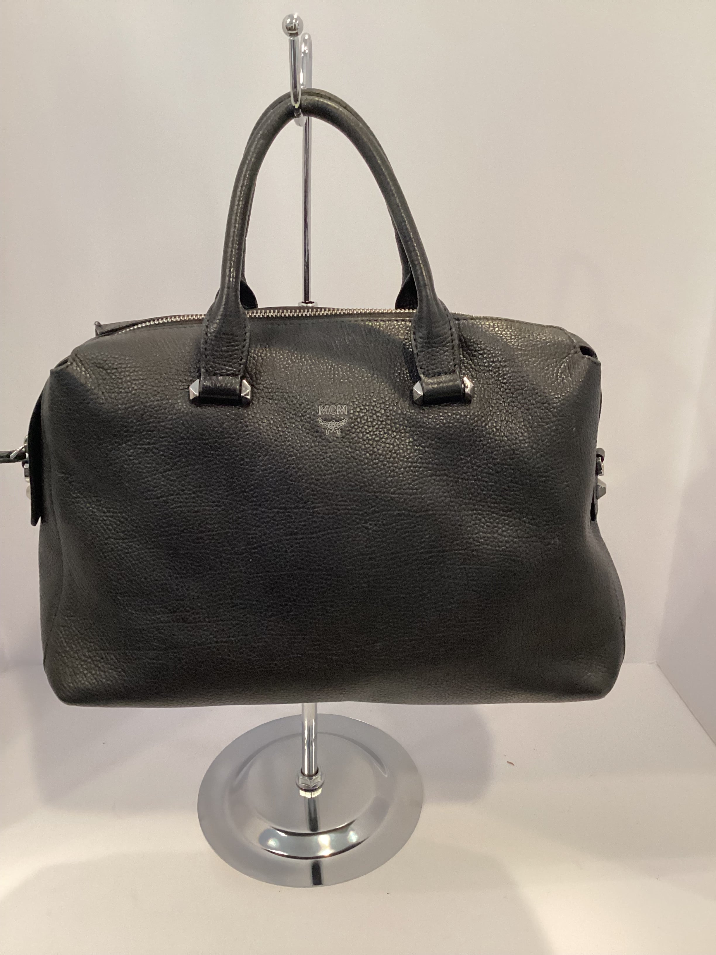 MCM Grained Calfskin Medium Ella Boston Black Silver Hardware Satchel Crossbody