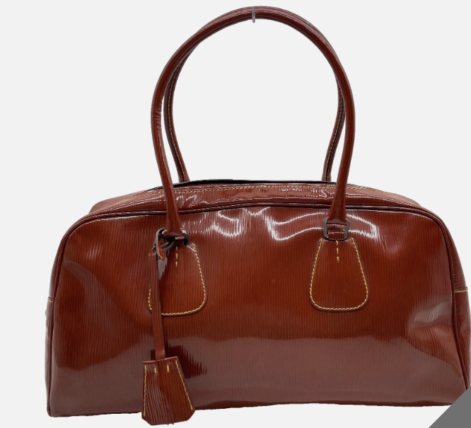 Prada Triangle Logo Enamel Leather Brown Mini Boston Bag W/Lock
