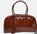 Prada Triangle Logo Enamel Leather Brown Mini Boston Bag W/Lock