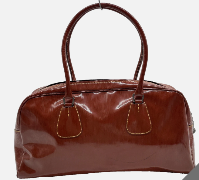 Prada Triangle Logo Enamel Leather Brown Mini Boston Bag W/Lock