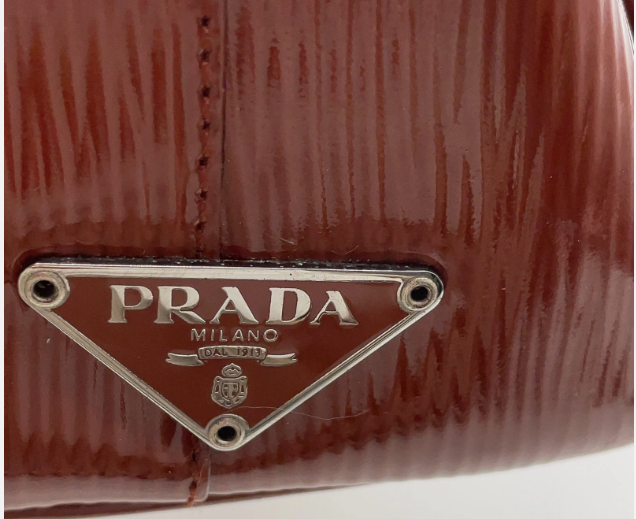 Prada Triangle Logo Enamel Leather Brown Mini Boston Bag W/Lock
