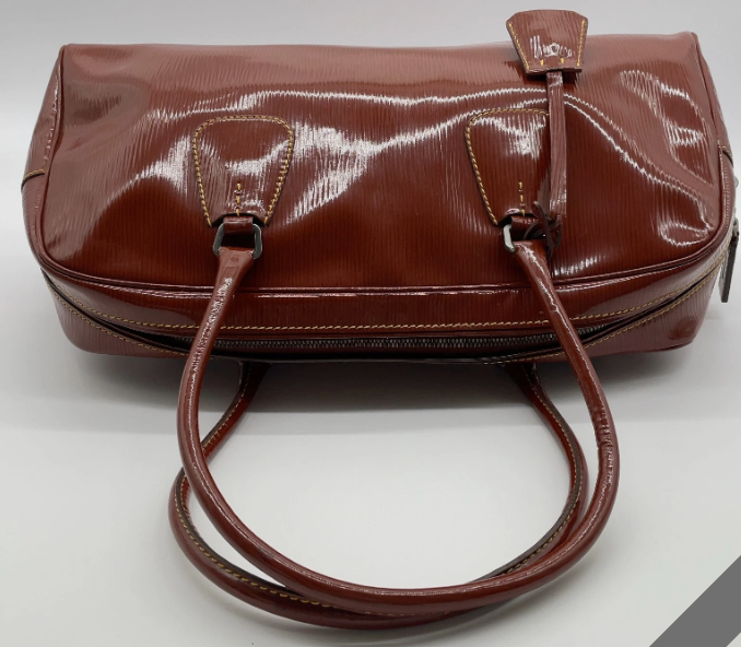 Prada Triangle Logo Enamel Leather Brown Mini Boston Bag W/Lock