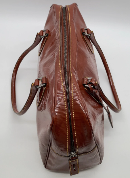 Prada Triangle Logo Enamel Leather Brown Mini Boston Bag W/Lock