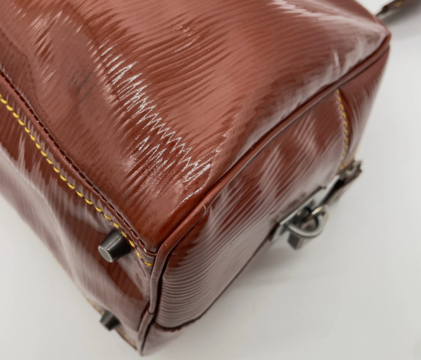 Prada Triangle Logo Enamel Leather Brown Mini Boston Bag W/Lock